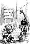 anthro ball bandage bandaged_head biped britain duo goal holding_feather label new_zealand outside rugby rugby_ball rugby_shirt rugby_uniform scoreboard sitting standing wounded john_blomfield public_domain british_lion avian bird felid lion mammal moa_(bird) pantherine ratite recently_extinct_species 1908 20th_century absurd_res ancient_art black_and_white hi_res monochrome signature