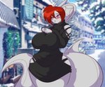 anthro beverage big_breasts blowing breasts candy chocolate cold container cup dessert female food hair hot_chocolate non-mammal_breasts red_hair snow solo steam mastergodai reptile scalie snake