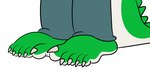 5_toes anthro barefoot blue_bottomwear blue_clothing bottomwear claws clothing feet foot_focus foot_shot green_body humanoid_feet male multicolored_body plantigrade simple_background solo toes two_tone_body white_body white_claws jolly_the_lizard cregon alligator alligatorid crocodile crocodilian reptile scalie