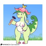 anthro areola belly big_breasts border breasts day female genitals grass green_body hammer holding_object holding_tool nipples non-mammal_breasts non-mammal_nipples non-mammal_pussy nude overweight plant pussy slightly_chubby smile solo standing tools white_border el_senor_erizo palworld pocketpair dinosaur dinossom elemental_creature flora_fauna pal_(species) prehistoric_species reptile scalie 1:1 hi_res