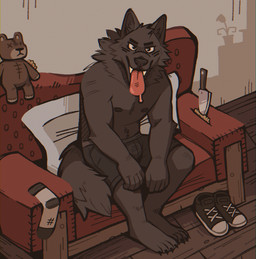 anthro barefoot black_body black_fur clothed clothing detailed_background fangs feet footwear fur furniture inside knife looking_at_viewer male male_anthro nipples plushie shoes sitting socks sofa solo teeth tongue tongue_out topless volfian canid canine canis mammal wolf 2024 digital_drawing_(artwork) digital_media_(artwork) hi_res