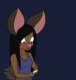 anthro bat_wings black_hair blush breasts brown_body brown_fur cleavage clothed clothing female fur hair membrane_(anatomy) membranous_wings pink_nose purple_eyes solo wings terdburgler florence_(terdburgler) bat leaf-nosed_bat mammal microbat yangochiropteran