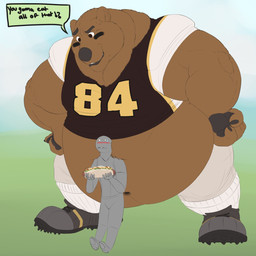 american_football_uniform anthro belly biceps big_belly black_claws black_eyes black_lips black_nose blush bodily_fluids bodypaint brown_belly brown_body brown_eyes brown_fur claws clothed clothing competition_number dialogue duo empty_eyes eyebrows face_paint food football_player footwear fur hands_on_hips holding_food holding_object interrobang jersey larger_male lips male muscular muscular_male navel nervous number number_on_clothing number_on_jersey number_on_topwear number_print obese obese_male overweight overweight_male print_clothing print_jersey print_topwear sandwich_(food) shirt shoes size_difference smaller_male speech_bubble standing sweat sweatdrop text topwear uniform galvinwolf ruz_(zoober) bear human mammal 1:1 2016 digital_media_(artwork) english_text hi_res