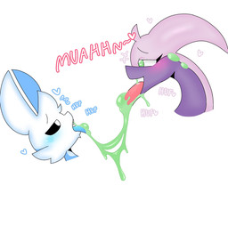 after_kiss anthro blush bodily_fluids duo female green_eyes male male/female purple_body saliva saliva_on_tongue saliva_string side_view simple_background text white_background white_body white_eyes lokbunny17 nintendo pokemon lok_bunny generation_6_pokemon goodra lagomorph leporid mammal pokemon_(species) rabbit digital_drawing_(artwork) digital_media_(artwork) english_text hi_res