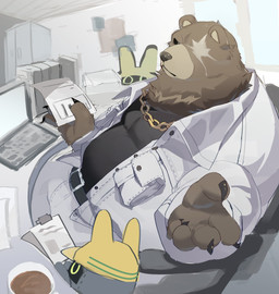 1_eye anthro barazoku belly black_clothing black_shirt black_topwear bottomwear brown_body chain_necklace claws clothing computer electronics holding_object jewelry laptop looking_at_viewer male moobs necklace office outstretched_hand overweight overweight_male pants shirt sitting solo suit topwear l0sskim mihoyo zenless_zone_zero ben_bigger safetyboo bangboo bear mammal absurd_res hi_res