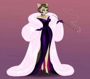 anthro brown_hair choker cigarette_holder clothing eyeshadow female footwear fur_coat gala_dress gradient_background hair hand_on_hip high_heels jewelry lipstick makeup markings mole_(marking) necklace purple_eyes purple_eyeshadow purple_lipstick ring shoes simple_background solo crovirus isabella_o'dell domestic_cat felid feline felis mammal hi_res