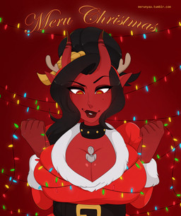 big_breasts black_hair breasts christmas_decorations christmas_lights cleavage clothed clothing collar costume duo female hair holidays horn lips macro mature_female micro not_furry santa_costume smile text thick_lips merunyaa christmas anon meru_(merunyaa) demon demon_humanoid horned_humanoid humanoid digital_media_(artwork) hi_res