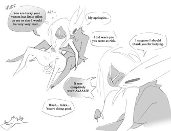 after_sex anthro black_body blush dialogue duo egg egg_in_vagina female gynomorph gynomorph/female hair hand_holding heart_symbol horn intersex intersex/female messy_hair oviposition pregnant pregnant_anthro pregnant_female speech_bubble text white_body lordsapathy hollow_knight:_silksong hollow_knight_(franchise) team_cherry hornet_(hollow_knight) lace_(hollow_knight:_silksong) arthropod english_text greyscale monochrome