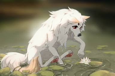 ambiguous_gender black_eyebrows black_nose blurred_background cheek_tuft eyebrows eyelashes facial_tuft feral flower fur lily_pad looking_at_flower looking_at_object looking_at_plant markings outside partially_submerged pawpads pink_pawpads plant red_eyes sitting snout solo tail tan_markings tuft water_lily wet wet_body wet_fur white_body white_flower white_fur azzai canid canine canis mammal wolf 2020 3:2 colored digital_drawing_(artwork) digital_media_(artwork) shaded