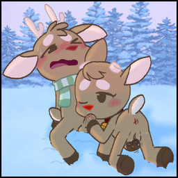 anthro antlers anus balls bell bell_collar blush bodily_fluids brown_body brown_fur butt collar collar_only duo erection fellatio female fur genital_fluids genitals head_tuft holidays hooves horn humanoid_genitalia humanoid_penis kneeling male male/female masturbation mismatched_sexual_dimorphism mostly_nude nervous nude one_eye_closed open_mouth oral oral_penetration outside penetration penile penis plant red_nose scarf scarf_only sex snow sweat sweatdrop tail tongue tree tuft vulva young young_anthro young_female young_male young_on_young conditional_dnp muffinlewds christmas rudolph_the_red-nosed_reindeer deer mammal new_world_deer reindeer absurd_res digital_media_(artwork) hi_res