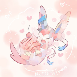 abstract_background ambiguous_gender bow_(anatomy) cherry dessert eating eyes_closed fangs feral food fruit fur happy heart_symbol open_mouth paws pink_body pink_fur plant pokedex_number ribbons_(anatomy) solo tail teeth text tongue white_body fishburi nintendo pokemon eeveelution generation_6_pokemon pokemon_(species) sylveon 1:1 2026 absurd_res english_text hi_res
