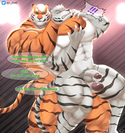 abs anthro arena biceps big_muscles bottomwear calf_muscles chain-link_fence chokehold claws clothed clothing duo exclamation_point fence fighting_ring finger_claws forearm_muscles fur genitals green_eyes green_text hair headlock licking licking_lips linked_speech_bubble male markings muscular muscular_male navel nipples nude obliques orange_body orange_fur pants pecs penis penis_between_thighs purple_eyes quads shorts speech_bubble striped_body striped_fur striped_markings striped_tail stripes tail tail_markings text tongue tongue_out topless vein veiny_penis white_body white_fur white_hair sir_z045 felid mammal pantherine tiger 2023 absurd_res english_text hi_res