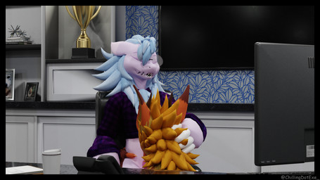 anthro blonde_hair blue_hair clothing duo eyewear fellatio fur furniture glasses hair hand_on_head looking_pleasured male male/male office oral orange_body orange_fur penile pink_body pink_fur sex under_table chilling.exe fyrn_(chilling.exe) host_(chilling.exe) nardoragon wickerbeast 16:9 3d_(artwork) 4k absurd_res digital_media_(artwork) hi_res widescreen