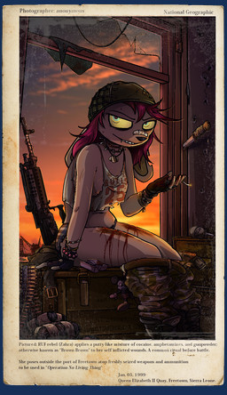 anthro blood bodily_fluids bottomwear bottomwear_down breasts clothed clothing colored_sclera drugs explosives female grenade gun hair headgear knife looking_at_viewer nipples panties pants pants_down partially_clothed ranged_weapon red_hair ruf_(revolutionary_united_front) smile smiling_at_viewer smoking solo terrorism text underwear unusual_eyes weapon wounded bombay_(artist) lagomorph leporid mammal rabbit zahra_(disambiguation) english_text hi_res