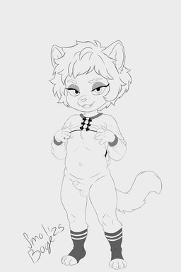 4_fingers 4_toes anthro balls bedroom_eyes belly clothed clothing clothing_lift digitigrade erection fangs feet femboy fingers footwear fur genitals hand_on_chest looking_at_viewer looking_pleasured makeup male narrowed_eyes naughty_face nipples open_mouth partially_clothed penis seductive shirt shirt_lift shota simple_background socks solo standing tail teeth toeless_legwear toes tongue topwear touching_nipples white_body white_fur young young_anthro young_male smol_boye domestic_cat felid feline felis mammal 2:3 absurd_res hi_res