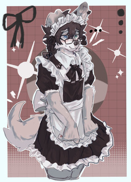 anthro black_hair brown_body brown_fur clothing eyewear fur glasses green_eyes hair maid_uniform male solo standing uniform wearing_glasses white_body white_fur asenjian canid canine canis domestic_dog mammal 2024 hi_res