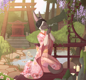 anthro asian_clothing beverage biped black_hair black_markings black_nose candle closed_smile clothed clothing day drinking east_asian_clothing eyes_closed female fire gloves_(marking) hair holding_beverage holding_object japanese_clothing kimono kneeling markings mouth_closed outside plant pond short_hair shrub side_view smile solo torii white_body fuf ambient_fish ambient_sealife domestic_cat felid feline felis mammal 2019 hi_res