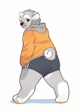 anthro bottomwear butt butt_pose clothed clothing curled_tail fangs fur glistening glistening_eyes grey_body grey_bottomwear grey_clothing grey_fur head_tuft looking_at_viewer looking_back looking_back_at_viewer male open_mouth orange_clothing orange_topwear overweight overweight_anthro overweight_male pawpads pose simple_background solo standing tail teeth topwear tuft unsigned white_background white_body white_fur yellow_pawpads asnnonaka asian_mythology east_asian_mythology japanese_mythology mythology ryuusei foo_dog komainu mammal yokai full-length_portrait hi_res portrait