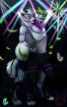 anthro anthro_on_anthro clothed clothing dancing digitigrade duo_focus glowstick group heterochromia kerchief male male/male muscular muscular_male neon_lights rave tongue tongue_out topless flynx-flink niic vond canid canine canis domestic_dog mammal wolf hi_res