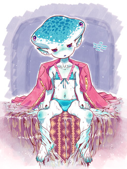 4_eyes 5_fingers barefoot bikini biped blue_bikini blue_blush blue_body blue_clothing blue_skin blue_swimwear blue_text blue_tongue blush blush_lines cape clothed clothed_female clothed_humanoid clothing collarbone dialogue disappointed ear_blush eyebrows eyelashes feet female female_humanoid fingers flat_chested frilly frilly_bikini frilly_clothing frilly_swimwear front_view frown glistening glistening_eyes head_tilt looking_down membrane_(anatomy) midriff multi_eye multicolored_body multicolored_skin navel open_frown open_mouth pink_bikini pink_cape pink_clothing pink_swimwear pupils purple_eyes ribs sad sitting solo swimwear talking_to_another text toes tongue two-piece_swimsuit two_tone_bikini two_tone_body two_tone_skin water webbed_feet wet white_body white_skin young young_female young_humanoid lewlem nintendo ocarina_of_time the_legend_of_zelda princess_ruto animal_humanoid aquatic aquatic_humanoid humanoid zora 2026 3:4 english_text