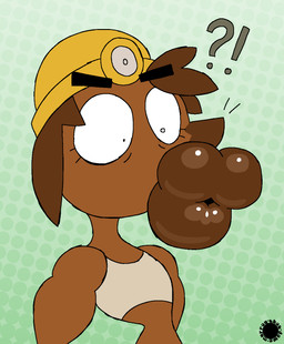 anthro brown_body brown_fur brown_hair clothing crop_top eyebrows eyelashes femboy fur glistening glistening_lips hair halftone_background hyper hyper_lips interrobang lips logo male mining_helmet pattern_background shirt simple_background solo text thick_eyebrows thick_lips topwear whiskers thatdawgmurray animal_crossing nintendo mr._resetti eulipotyphlan mammal mole_(animal) aliasing artist_logo artist_name digital_media_(artwork) halftone hi_res signature