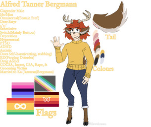acne adhd adhd_pride_colors antlers autism_symbol biped blue_bottomwear blue_clothing blue_jeans blue_pants bottomwear braces brown_body brown_fur clothed clothing cloven_hooves deer_ears deer_nose denim denim_bottomwear denim_clothing dewclaw digit_ring disability_pride_colors ear_piercing ear_tuft eyewear femboy fingers freckled_face freckles fur gesture glasses hair hooves horn jeans jewelry lgbt_pride looking_at_viewer male multicolored_body multicolored_fur nerd neurodiversity_pride_symbol omnisexual_pride_colors orange_hair pants piercing pride_color_flag pride_colors ring ring_piercing scut_tail short_tail simple_background smile solo sweater tail tan_body tan_fur teeth text topwear tuft turtleneck waving waving_at_viewer waving_hand wearing_glasses wedding_ring white_background yellow_clothing yellow_sweater yellow_topwear willowshroom european_mythology greek_mythology mythology alfred_tanner_bergmann animal_humanoid deer deer_humanoid humanoid mammal mammal_humanoid mythological_creature new_world_deer satyr white-tailed_deer absurd_res colored digital_drawing_(artwork) digital_media_(artwork) english_text hi_res ibispaint_(artwork) model_sheet signature