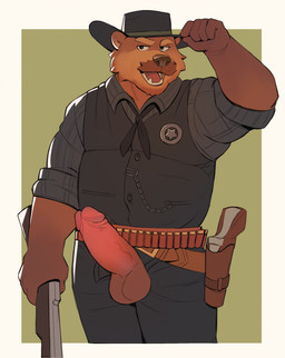 anthro balls belt bottomwear brown_body brown_fur clothed clothing collared_shirt cowboy_hat erection facial_hair fur genitals gun hat headgear headwear holding_gun holding_object holding_ranged_weapon holding_weapon humanoid_genitalia humanoid_penis looking_at_viewer male male_anthro mustache open_bottomwear open_clothing open_mouth open_pants overweight overweight_anthro overweight_male pants partially_clothed partially_clothed_anthro partially_clothed_male penis ranged_weapon sheriff shirt simple_background solo teeth tongue topwear vest weapon gol1ath springey bear mammal 2025 hi_res