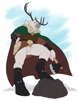 anthro antlers axe balls bottomwear casual_chastity chastity_cage chastity_device clothed clothing flaccid genitals gold_(metal) gold_chastity_cage gold_chastity_device horn kilt low-angle_view male melee_weapon penis solo standing thick_thighs weapon comfycushion deer mammal new_world_deer reindeer