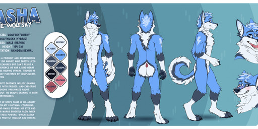 abstract_background anthro blue_body blue_eyes blue_fur blue_hair blush featureless_crotch front_view fur grin hair looking_at_viewer male male_anthro nude open_mouth rear_view red_tongue short_hair side_view smile solo standing text tongue white_body white_fur yookie canid canine canis domestic_dog husky hybrid mammal nordic_sled_dog spitz wolf absurd_res english_text hi_res model_sheet