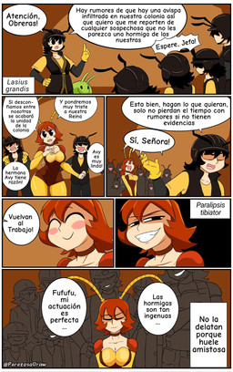 antennae_(anatomy) armor big_breasts black_antennae black_eyes blush breasts choker cleavage clothed clothing dialogue evil_grin eyes_closed female glistening glistening_clothing group hair half-closed_eyes headgear helmet jewelry narrowed_eyes necklace red_hair short_hair smile text thick_thighs yellow_antennae perezoso_draw animal_humanoid ant_humanoid arthropod arthropod_humanoid humanoid hymenopteran hymenopteran_humanoid insect insect_humanoid wasp_humanoid comic hi_res spanish_text translation_request