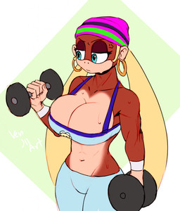 5_fingers abs anthro big_breasts blonde_hair blue_eyes bodily_fluids breasts brown_body brown_fur cleavage clothed clothing cross-popping_vein dumbbell ear_piercing ear_ring exercise eyelashes female fingers fur green_background hair half-closed_eyes hat headgear headwear hoop_ear_ring huge_breasts long_hair looking_down midriff multicolored_body multicolored_fur muscular muscular_anthro muscular_female narrowed_eyes piercing ring_piercing simple_background small_waist solo standing sweat tan_body tan_fur top_heavy weightlifting weights white_background workout venjiiart donkey_kong_(series) nintendo tiny_kong haplorhine kong mammal monkey primate 2021 hi_res