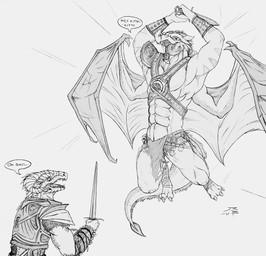 anthro armor bottomwear clothing duo fangs fight holding_melee_weapon holding_object holding_sword holding_weapon horn loincloth male melee_weapon membrane_(anatomy) membranous_wings muscular muscular_anthro muscular_male open_mouth simple_background speech_bubble striped_arms sword teeth text tongue tongue_out weapon wings crazydrak mythology dragon mythological_creature mythological_scalie scalie 2012 dated english_text hi_res monochrome signature