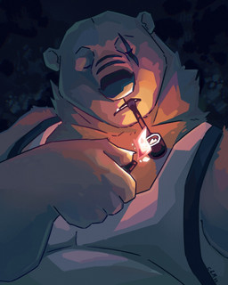 anthro belly big_belly brown_body brown_fur clothed clothing eyes_closed fire front_view fur holding_lighter holding_object lighter male obese obese_anthro obese_male overweight overweight_anthro overweight_male smoking smoking_pipe solo teeth topwear white_clothing white_topwear chocolateandmilk bear mammal 2022 dated hi_res signature