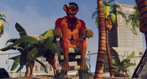 anthro balls beach body_hair clothing flaccid fur genitals green_body green_fur hat hat_only headgear headgear_only headwear headwear_only humanoid_genitalia humanoid_penis lifeguard male mostly_nude musclegut muscular muscular_anthro muscular_male orange_body orange_fur paws penis public public_nudity red_body red_fur sitting solo spirit(paw) smashingrenders_(modeler) rindo hyena mammal 3d_(artwork) blender_(artwork) blender_cycles_(artwork) digital_media_(artwork) hi_res