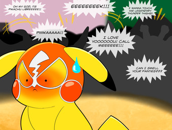 anthro biped blush bodily_fluids clothing cosplay_pikachu_(costume) crowd crowd_watching dialogue embarrassed fans group male mask overwhelmed silhouette sniffing_request sports_mask sportswear sweat sweatdrop text wrestling_mask yelling tepigfan101 nintendo pokemon pokemon_mystery_dungeon spike_chunsoft casey_(tepigfan101) pikachu_libre generation_1_pokemon pikachu pokemon_(species) absurd_res english_text hi_res