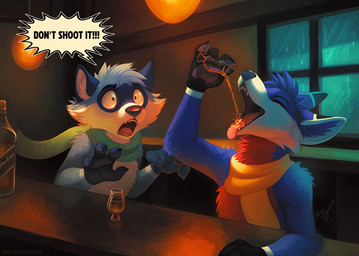 alcohol anthro beverage blue_body blue_fur blue_hair drinking duo eyes_closed fangs fur green_scarf grey_body grey_fur hair inside male male_anthro open_mouth red_body red_fur scarf sharp_teeth short_hair sitting teeth text tongue tongue_out white_body white_fur wide_eyed yellow_scarf mylafox canid canine mammal procyonid raccoon 2025 english_text