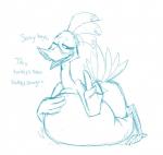 anthro beak belly big_belly female humor inflation overweight overweight_anthro overweight_female pun resting_on_belly solo text lowkey banjo-kazooie rareware kazooie avian bird breegull blue_and_white english_text monochrome sketch