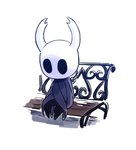 ambiguous_gender anthro bench black_body black_eyes cloak cloak_only clothing empty_eyes featureless_crotch featureless_feet feet horn looking_down nail_(weapon) shadow simple_background sitting solo stare white_background white_head drawloverlala hollow_knight team_cherry the_knight_(hollow_knight) arthropod vessel_(species) featureless_(disambiguation) 2020 hi_res