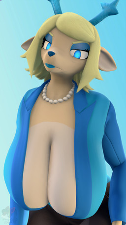 anthro antlers big_breasts blazer breasts cleavage clothed clothing female horn jewelry long_breasts makeup mature_female necklace revamped_anthros sagging_breasts solo donglysfm deltarune undertale_(series) carol_holiday deer mammal 3d_(artwork) 4k 9:16 absurd_res digital_media_(artwork) hi_res