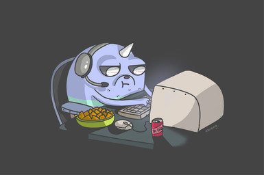 beverage beverage_can bowl chair chips_(food) cola computer computer_mouse container desk electronics food furniture gaming_headset horn keyboard light male monitor soda solo table unknown_artist 4chan adventure_time cartoon_network t.v._(adventure_time) canid canine canis domestic_dog hybrid mammal pup_(adventure_time) rainicorn lighting reaction_image shaded signature