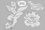 ambiguous_gender anthro big_breasts bone breast_expansion breasts butt butt_expansion clothing covering covering_self duo expansion female magic_user profanity skull speech_bubble text thought_bubble torn_clothing transformation_through_magic watsup dinosaur prehistoric_species reptile scalie theropod tyrannosaurid tyrannosauroid tyrannosaurus tyrannosaurus_rex undead digital_drawing_(artwork) digital_media_(artwork) english_text greyscale monochrome sketch