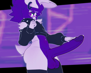 anthro balls big_penis black_clothing black_eyeshadow black_legwear black_shirt black_thigh_highs black_topwear bodily_fluids bottomless bottomless_anthro bottomless_male clothed clothing ear_piercing erection eyebrows eyeshadow femboy fur genital_fluids genitals hair hand_on_penis huge_penis humanoid_genitalia humanoid_penis legwear long_penis long_sleeves looking_at_viewer makeup male messy_hair navel navel_piercing penis piercing precum purple_balls purple_body purple_eyes purple_hair purple_penis raised_inner_eyebrows scut_tail shirt short_hair short_tail shy side_view skindentation solo tail thick_thighs thigh_highs topwear white_body white_eyebrows white_fur wide_hipped_anthro wide_hipped_male wide_hips cryptiacurves cryptiacurves_(modeler) cryptia lagomorph leporid mammal rabbit 3d_(artwork) 5:4 digital_media_(artwork) hi_res