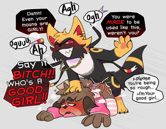 anal anal_penetration angry anthro arm_warmers armwear blush blush_lines bodily_fluids butt butt_slap clothed clothing crossdressing cum cum_in_ass cum_inside cum_on_butt cum_on_clothing cum_on_head dirty_talk duo femboy fucked_silly fur genital_fluids gold_(metal) gold_jewelry good_girl head_push heart_symbol jewelry legwear male male/male male_penetrated male_penetrating male_penetrating_male multicolored_body multicolored_fur panties penetration penile penile_penetration penis_in_ass ribbons_(anatomy) rough_sex sex slap spanking stockings teeth_showing text tongue tongue_out underwear crushpepper animal_crossing nintendo pokemon digby_(animal_crossing) terry_(etanks3) canid canine eeveelution generation_2_pokemon generation_6_pokemon mammal pokemon_(species) sylveon umbreon absurd_res english_text hi_res