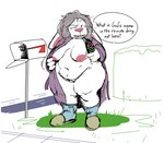 anthro belly breasts clothed clothing dialogue elderly elderly_female female footwear fur genitals grass grey_hair hair mailbox mature_anthro mature_female navel nipples one_eye_closed outside overweight overweight_anthro overweight_female plant public public_exposure robe shoes slippers socks solo text thick_thighs tv_remote white_body white_fur whiteraff lagomorph leporid mammal rabbit hi_res partially_colored