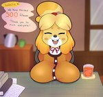 animal_crossing anthro bell big_breasts blush blush_stickers breast_rest breasts canid canine canis cardigan desk dialogue digital_media_(artwork) domestic_dog english_text eyes_closed female furniture glass header header_box heart_symbol hi_res isabelle_(animal_crossing) mammal nintendo number shaded shih_tzu snootydogg solo table text text_header toy_dog