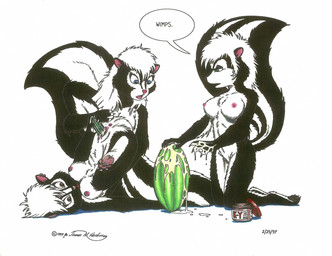4_toes anthro anus ass_up black_pawpads blue_eyes breasts brown_eyes chest_tuft claws dialogue dildo ear_piercing feet female female/female fluffy fluffy_tail food food_fetish food_insertion food_play fruit fur genitals green_eyes group hindpaw humor improvised_dildo improvised_sex_toy kneeling masturbation melon nipple_piercing nipples nude pawpads paws penetration piercing pink_pawpads plant sex_toy simple_background soles spread_legs spreading tail tail_anus text toe_claws toes toying_self tuft upside_down vaginal vaginal_masturbation vulva james_m_hardiman lori_(jmh) natasha_(jmh) onyx_(jmh) mammal mephitid skunk 1997 absurd_res english_text hi_res sibling_(lore) sister_(lore) sisters_(lore)