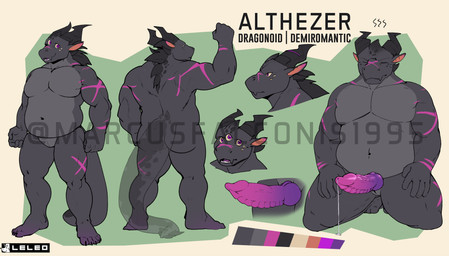 5_fingers 5_toes 7_eyes anthro belly biped black_horn bodily_fluids dripping erection feet fingers genital_fluids genitals horn knot male male_anthro multi_eye muscular muscular_anthro muscular_male navel penis plantigrade precum precum_drip purple_eyes scar sitting slightly_chubby solo tail toes leleo mythology dragon mythological_creature mythological_scalie scalie absurd_res distracting_watermark hi_res model_sheet watermark