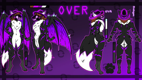 anthro black_body black_fur bracelet brown_hair clothing fedora fluffy fluffy_tail fur hair hat headgear headwear jewelry machine male purple_eyes purple_stripes purple_wings solo spiked_bracelet spikes spikes_(anatomy) stripes tail white_body white_fur wing_spikes wings lonesomeumbra over_(over_0w0) protogen 16:9 hi_res model_sheet widescreen
