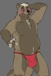 anthro asian_clothing ball_slip balls big_balls blush brown_body brown_fur bulge clothing detailed_bulge east_asian_clothing fundoshi fur genital_outline genitals humanoid_hands japanese_clothing male overweight overweight_anthro overweight_male penis_outline red_clothing red_fundoshi red_underwear side_balls simple_background solo underwear horrorbuns hugo_(horrorbuns) canid canine mammal raccoon_dog tanuki 2021