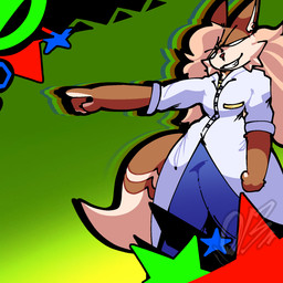 anthro big_tail bottomwear breasts brown_body brown_fur clothing coat denim denim_bottomwear denim_clothing empty_eyes eyewear female female/female fur glasses green_background hair jeans lab_coat long_hair pants pose scientist simple_background small_breasts solo standing star tail tan_body tan_fur topwear 0wzo_boz0 dr._lynchwood canid canine fox mammal 1:1 hi_res